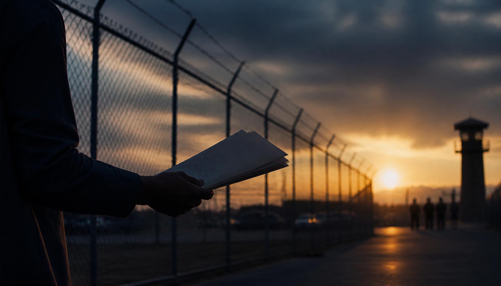 A person holding legal documents near a fence at dusk