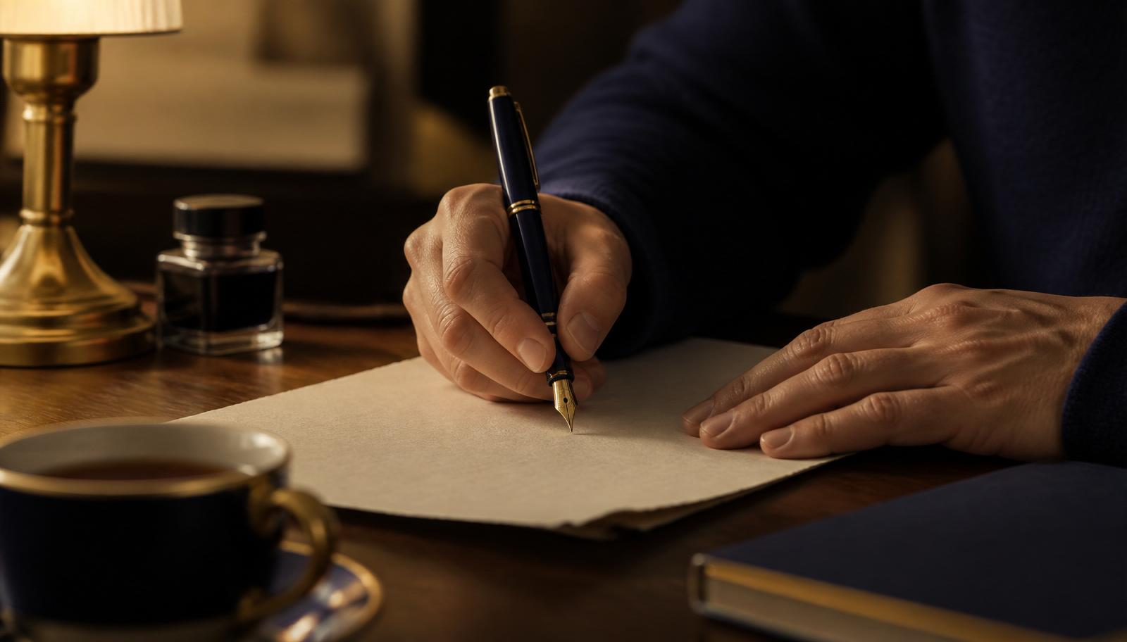 Hands writing a personal story letter by lamplight